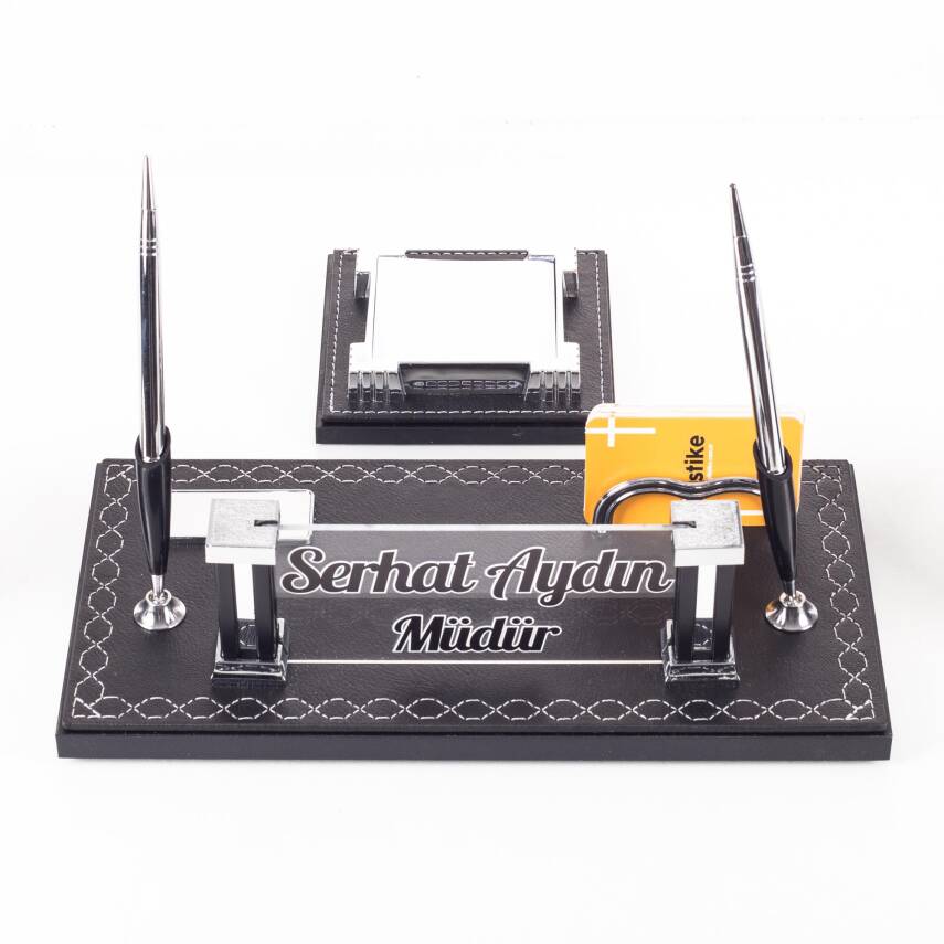 Delux Siyah Evrak Standlı Baklava Desenli Deri Sümen Takımı İsme Özel Masa İsimliği İsimlik Seti - 6