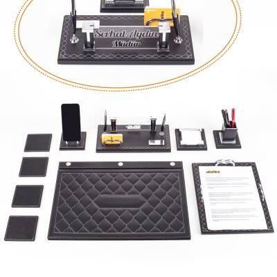 Delux Siyah Evrak Standlı Baklava Desenli Deri Sümen Takımı İsme Özel Masa İsimliği İsimlik Seti - Ofistike