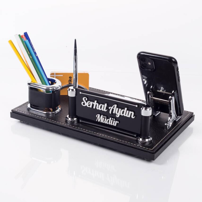 Deportivo Masa İsimlik Yeni İş Hediyesi Ofis Masa İsimliği Seti Siyah Deri Masa üstü Organizer - 1