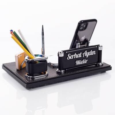 Deportivo Masa İsimlik Yeni İş Hediyesi Ofis Masa İsimliği Seti Siyah Deri Masa üstü Organizer - 3