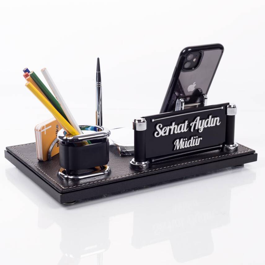 Deportivo Masa İsimlik Yeni İş Hediyesi Ofis Masa İsimliği Seti Siyah Deri Masa üstü Organizer - 3