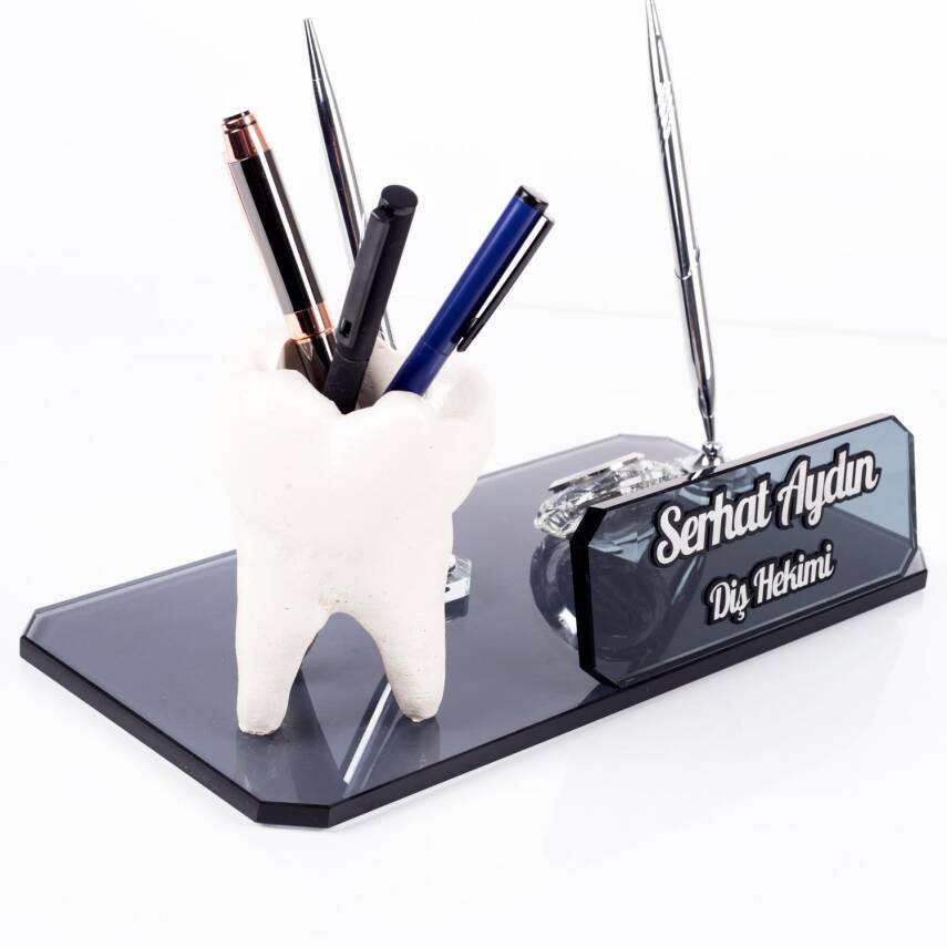 Diş Figürlü Kalemlik Biblolu Kristal Masa İsimliği Diş Hekimine Özel Hediye Kalemlik - 1