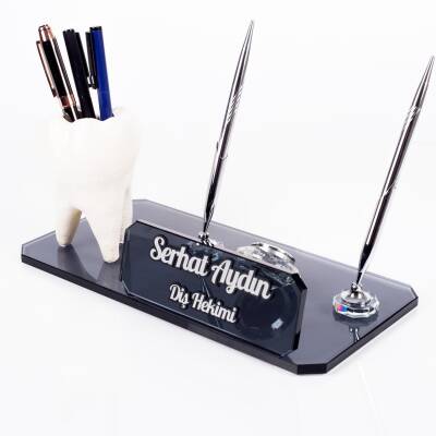 Diş Figürlü Kalemlik Biblolu Kristal Masa İsimliği Diş Hekimine Özel Hediye Kalemlik - 2