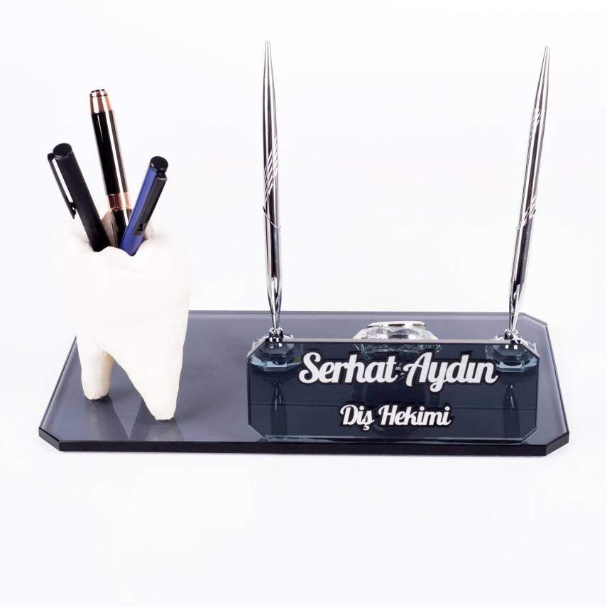 Diş Figürlü Kalemlik Biblolu Kristal Masa İsimliği Diş Hekimine Özel Hediye Kalemlik - 3