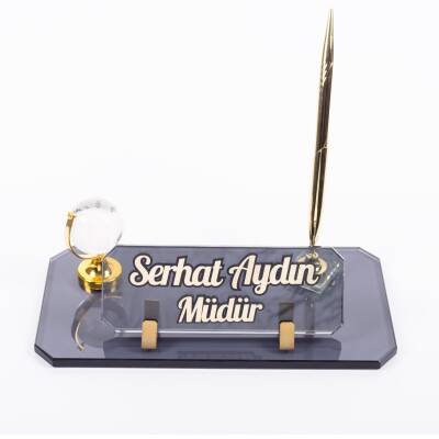 Dünya Aksesuarlı Kalemli Kabartma Yazı Kristal Ofis Masaüstü İsimlik Dünya Küre Hediye Masa İsimliği - 2
