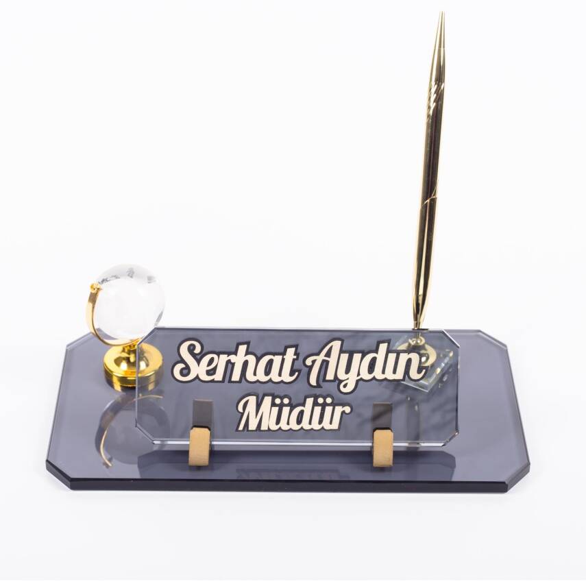 Dünya Aksesuarlı Kalemli Kabartma Yazı Kristal Ofis Masaüstü İsimlik Dünya Küre Hediye Masa İsimliği - 2