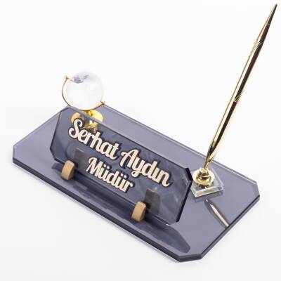 Dünya Aksesuarlı Kalemli Kabartma Yazı Kristal Ofis Masaüstü İsimlik Dünya Küre Hediye Masa İsimliği - 3