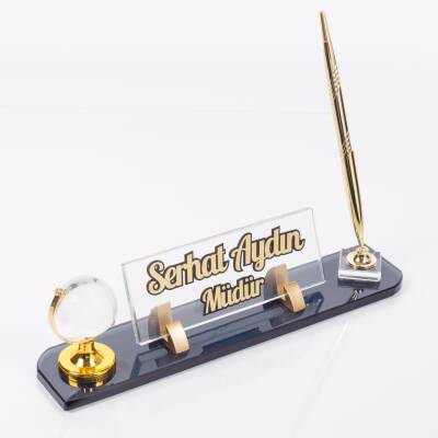 Dünya Aksesuarlı Masa İsimliği Kabartma Yazı Gold Kristal Ofis Masaüstü İsimlik - 1