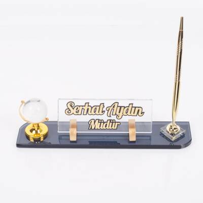 Dünya Aksesuarlı Masa İsimliği Kabartma Yazı Gold Kristal Ofis Masaüstü İsimlik - 3