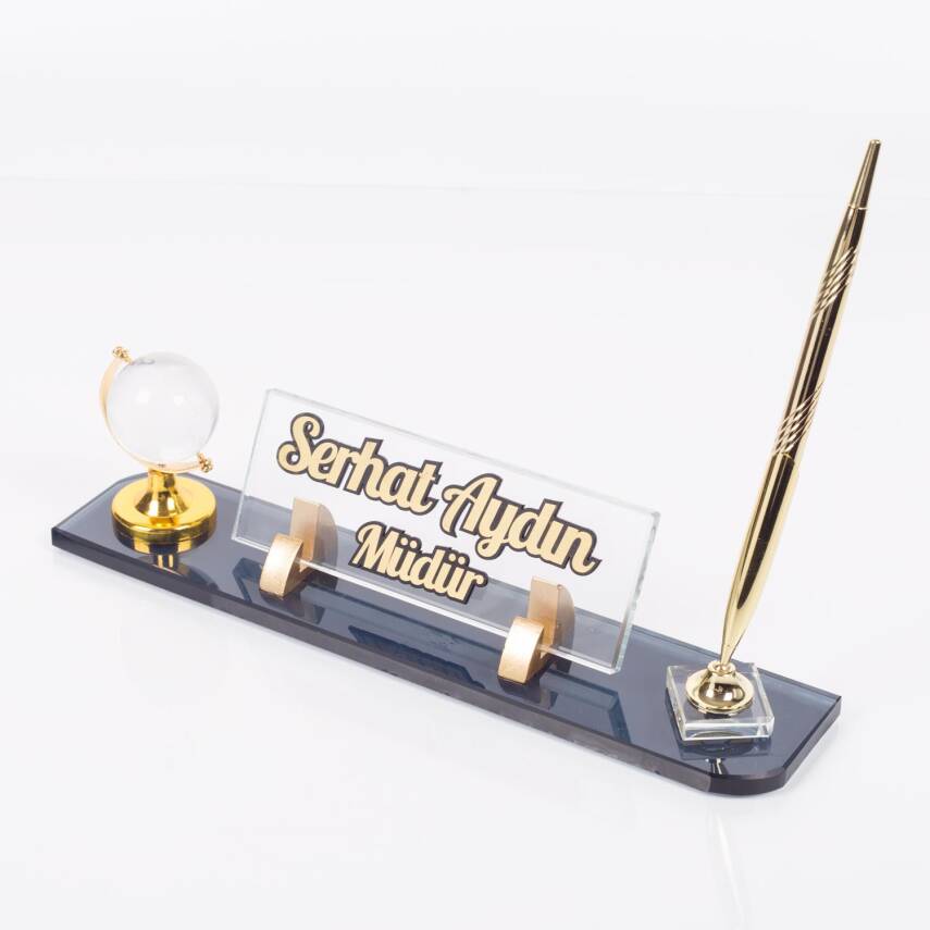 Dünya Aksesuarlı Masa İsimliği Kabartma Yazı Gold Kristal Ofis Masaüstü İsimlik - 2
