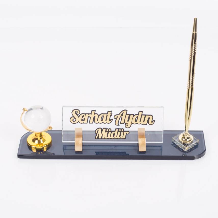 Dünya Aksesuarlı Masa İsimliği Kabartma Yazı Gold Kristal Ofis Masaüstü İsimlik - 3