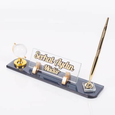 Dünya Aksesuarlı Masa İsimliği Kabartma Yazı Gold Kristal Ofis Masaüstü İsimlik - 2