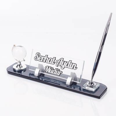 Dünya Aksesuarlı Masa İsimliği Kabartma Yazı Gümüş Kristal Ofis Masa İsimliği - 2