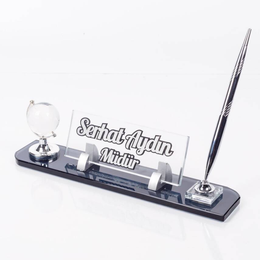 Dünya Aksesuarlı Masa İsimliği Kabartma Yazı Gümüş Kristal Ofis Masa İsimliği - 2