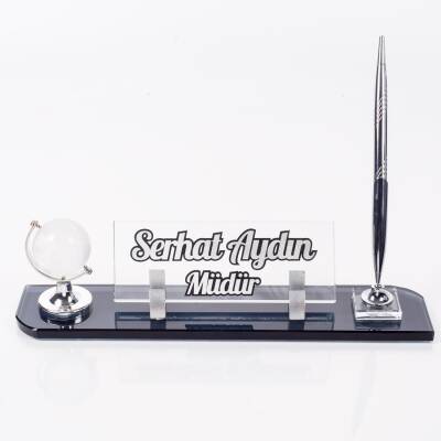 Dünya Aksesuarlı Masa İsimliği Kabartma Yazı Gümüş Kristal Ofis Masa İsimliği - 3