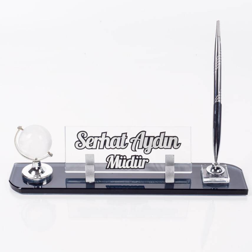 Dünya Aksesuarlı Masa İsimliği Kabartma Yazı Gümüş Kristal Ofis Masa İsimliği - 3