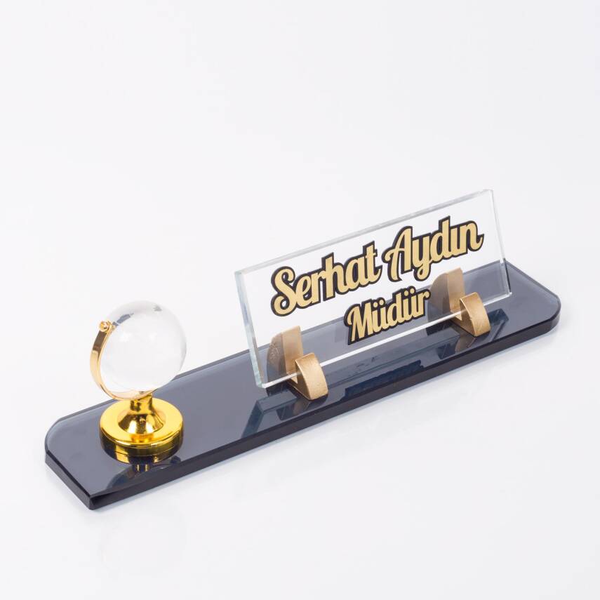 Dünya Figürlü Kristal Altın Kabartma Masa İsimliği Ofis Hediyesi - 1