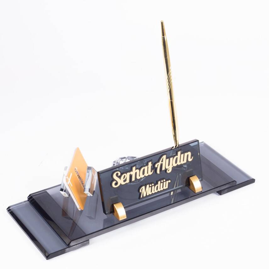 Elegan Kabartma Masa İsimliği Ofis Hediyesi Kristal Şık İsimlik Hediye Makam Masa İsimlik Seti - 2