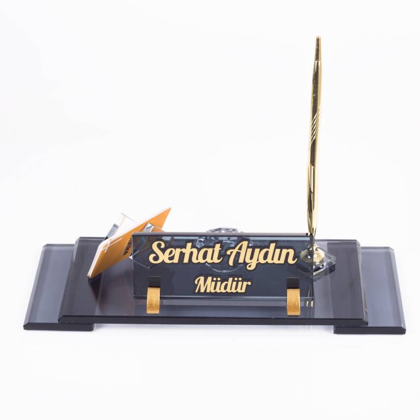 Elegan Kabartma Masa İsimliği Ofis Hediyesi Kristal Şık İsimlik Hediye Makam Masa İsimlik Seti - 4