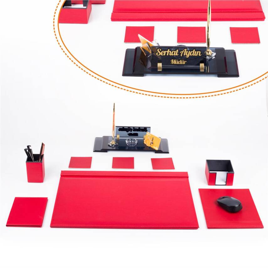 Elegans Ofis Deri Kırmızı Sümen Takımı Kristal Masa İsimliği - 1