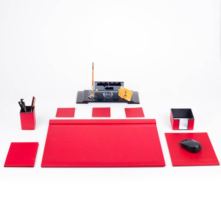 Elegans Ofis Deri Kırmızı Sümen Takımı Kristal Masa İsimliği - 2