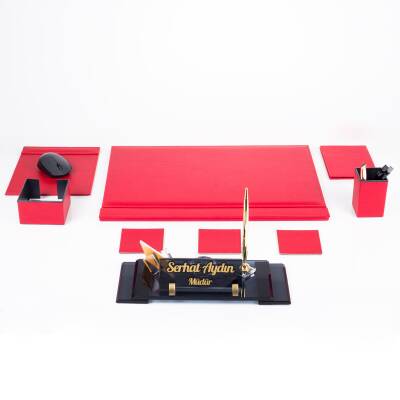 Elegans Ofis Deri Kırmızı Sümen Takımı Kristal Masa İsimliği - 3