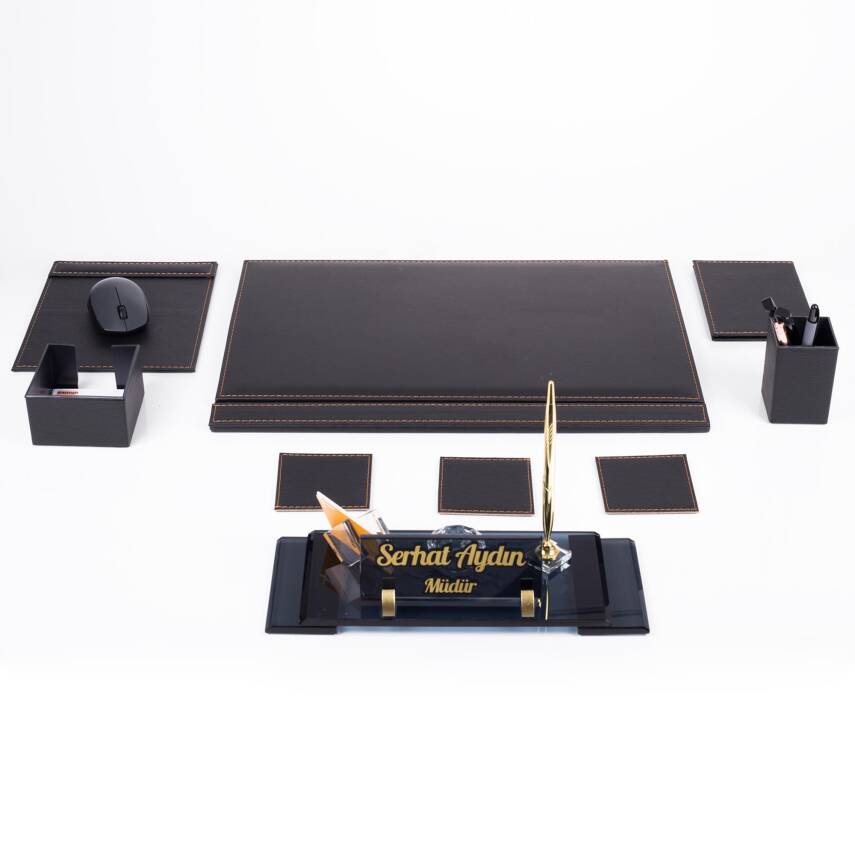 Elegans Ofis Deri Siyah Sümen Takımı ve Kristal Masa İsimliği - 2