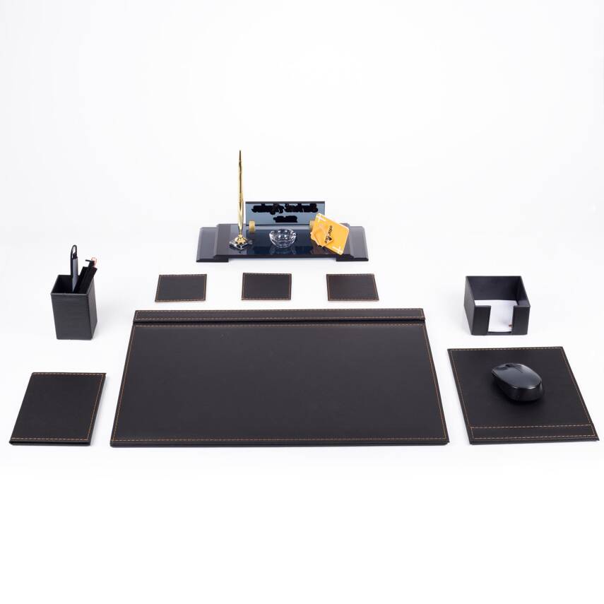 Elegans Ofis Deri Siyah Sümen Takımı ve Kristal Masa İsimliği - 3