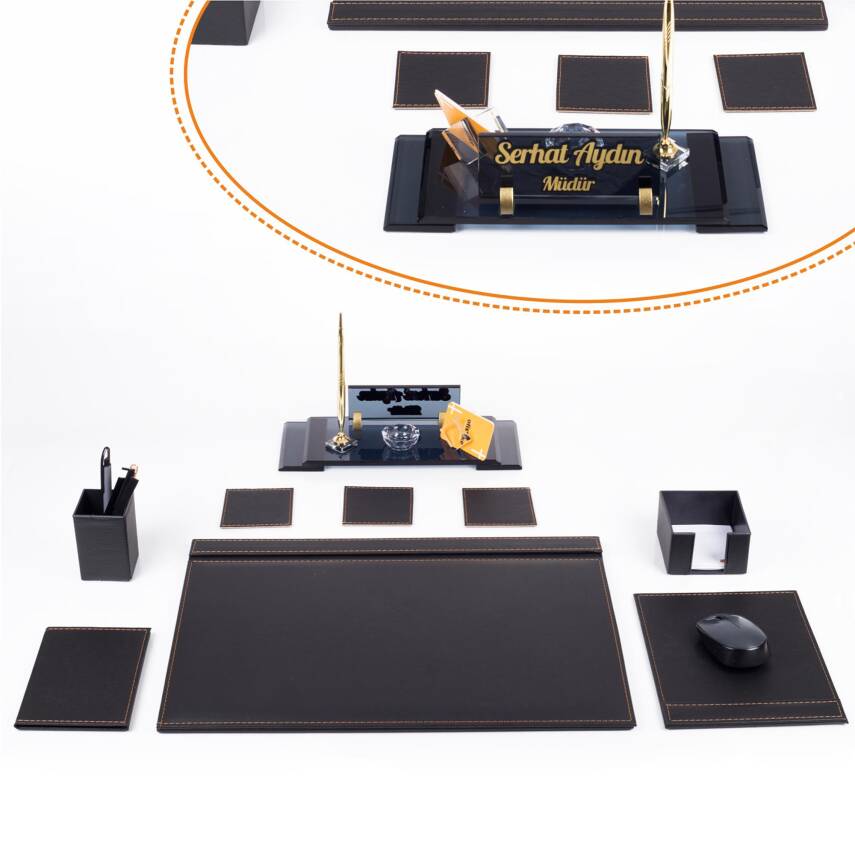 Elegans Ofis Deri Siyah Sümen Takımı ve Kristal Masa İsimliği - 1