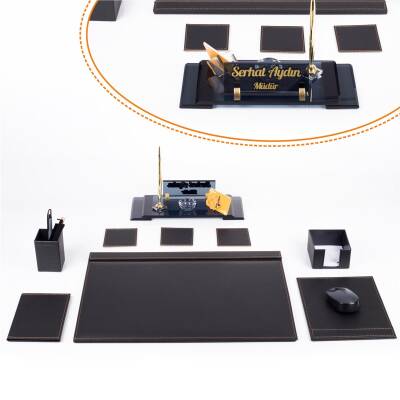 Elegans Ofis Deri Siyah Sümen Takımı ve Kristal Masa İsimliği 