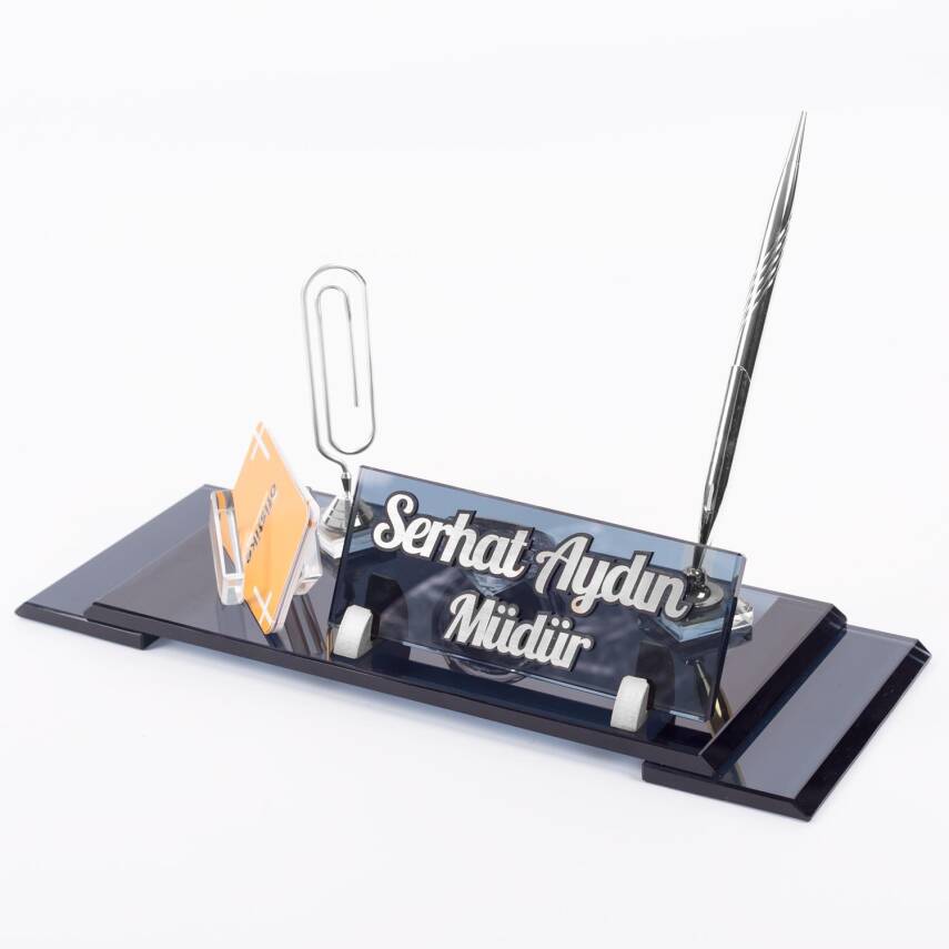 Elit Gümüş Kabartma İsim Yazı Ofis Hediyesi Kristal Masa İsimliği Yöneticiye Hediye Masalık - 3