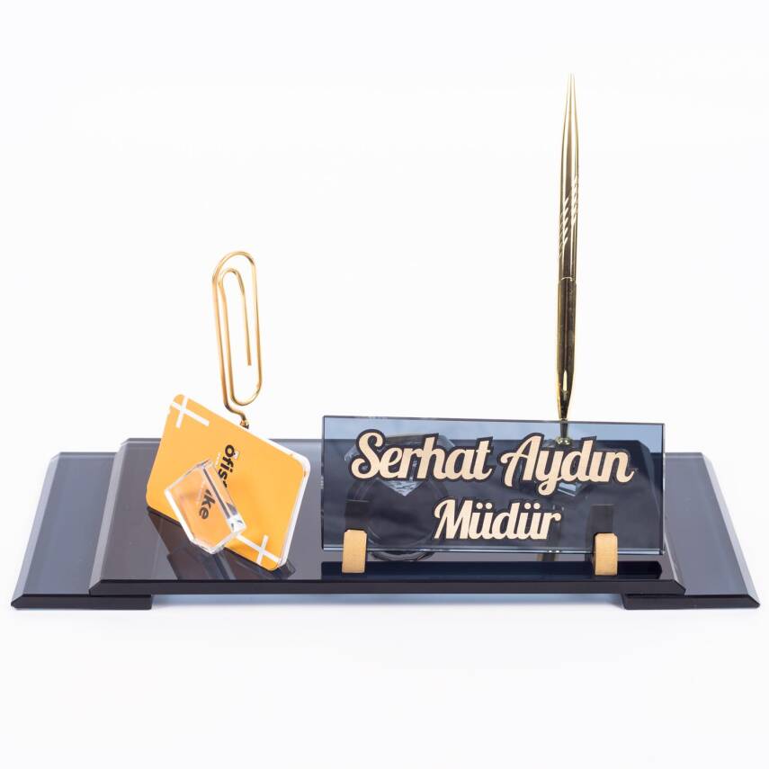 Elit Masa İsimliği Kabartma Gold Ofis Hediye Kristal Masa İsimlik Yönetici Hediyesi Ofis Masa Seti - 2