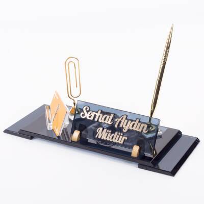 Elit Masa İsimliği Kabartma Gold Ofis Hediye Kristal Masa İsimlik Yönetici Hediyesi Ofis Masa Seti - 3