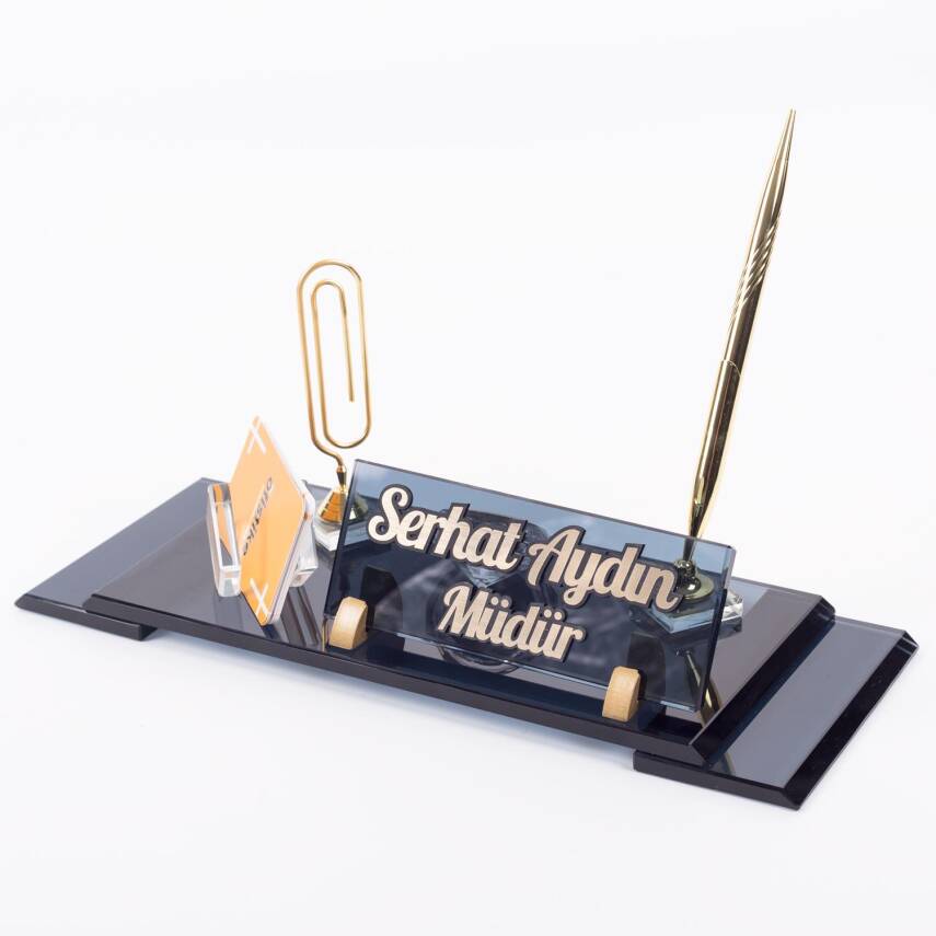 Elit Masa İsimliği Kabartma Gold Ofis Hediye Kristal Masa İsimlik Yönetici Hediyesi Ofis Masa Seti - 3