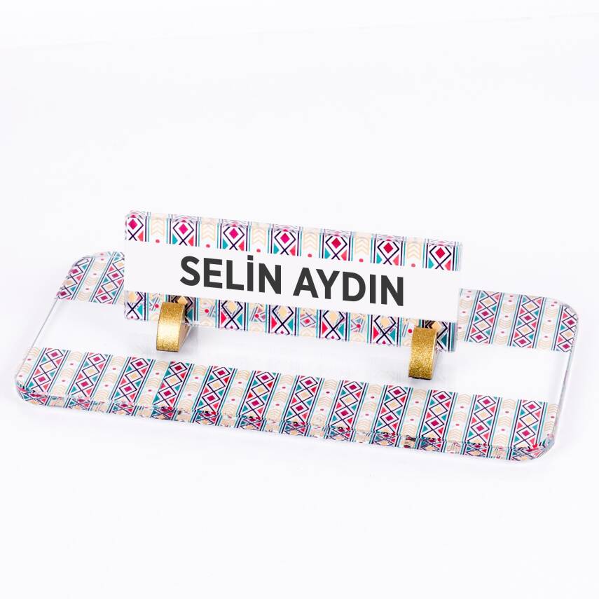 Etnik Desenli Kristal Masa İsimliği Ofis İsimlik Ofis Kadınlara Hediye Masa Üstü Cam Büro İsimlik - 1