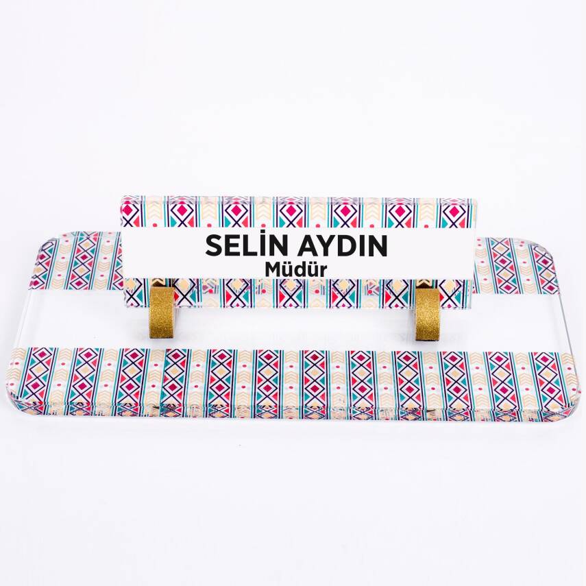 Etnik Desenli Kristal Masa İsimliği Ofis İsimlik Ofis Kadınlara Hediye Masa Üstü Cam Büro İsimlik - 3