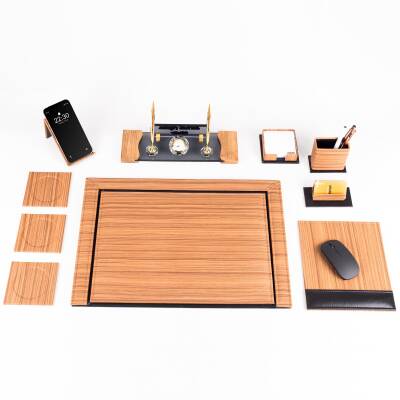 Fantom 10 Parça Ahşap Desenli Ofis Deri Sümen Takımı ve Kristal Masa İsimliği Sümen Seti ve İsimlik - 2