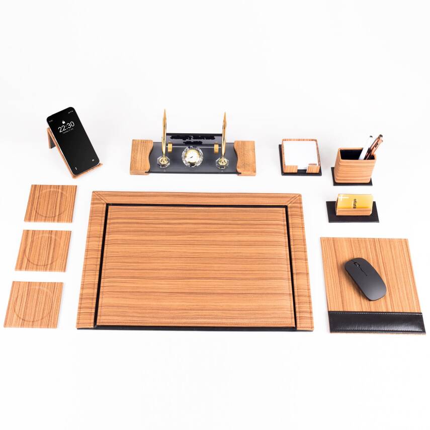 Fantom 10 Parça Ahşap Desenli Ofis Deri Sümen Takımı ve Kristal Masa İsimliği Sümen Seti ve İsimlik - 2