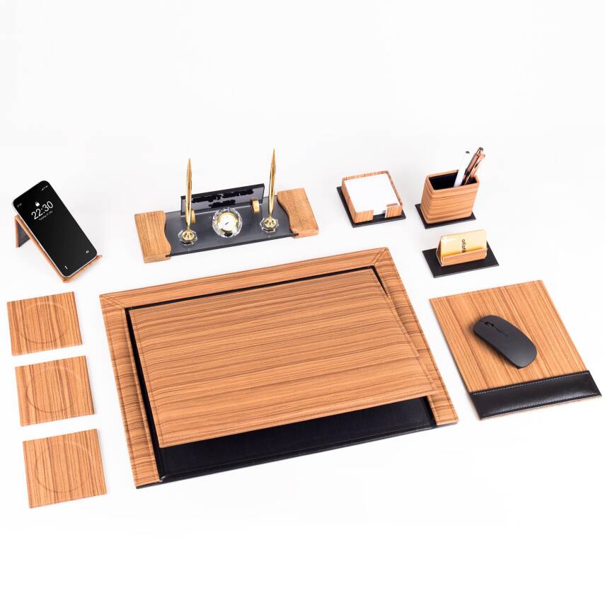 Fantom 10 Parça Ahşap Desenli Ofis Deri Sümen Takımı ve Kristal Masa İsimliği Sümen Seti ve İsimlik - 3