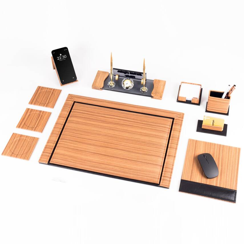 Fantom 10 Parça Ahşap Desenli Ofis Deri Sümen Takımı ve Kristal Masa İsimliği Sümen Seti ve İsimlik - 4