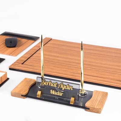 Fantom 10 Parça Ahşap Desenli Ofis Deri Sümen Takımı ve Kristal Masa İsimliği Sümen Seti ve İsimlik - 6