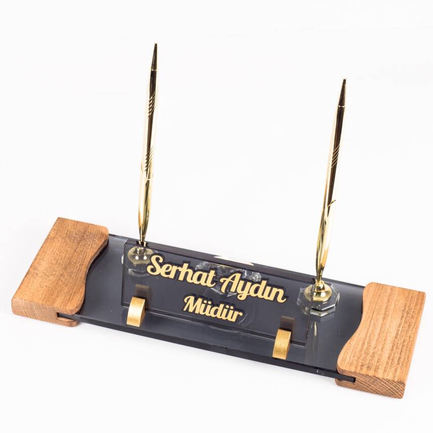 Fantom 10 Parça Ahşap Desenli Ofis Deri Sümen Takımı ve Kristal Masa İsimliği Sümen Seti ve İsimlik - 7