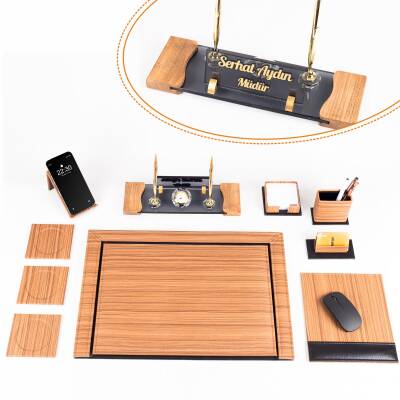 Fantom 10 Parça Ahşap Desenli Ofis Deri Sümen Takımı ve Kristal Masa İsimliği Sümen Seti ve İsimlik - Ofistike