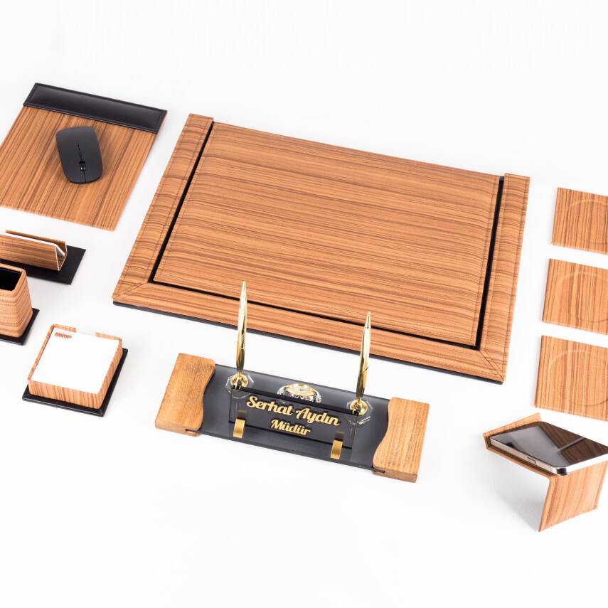 Fantom 10 Parça Ahşap Desenli Ofis Deri Sümen Takımı ve Kristal Masa İsimliği Sümen Seti ve İsimlik - 5