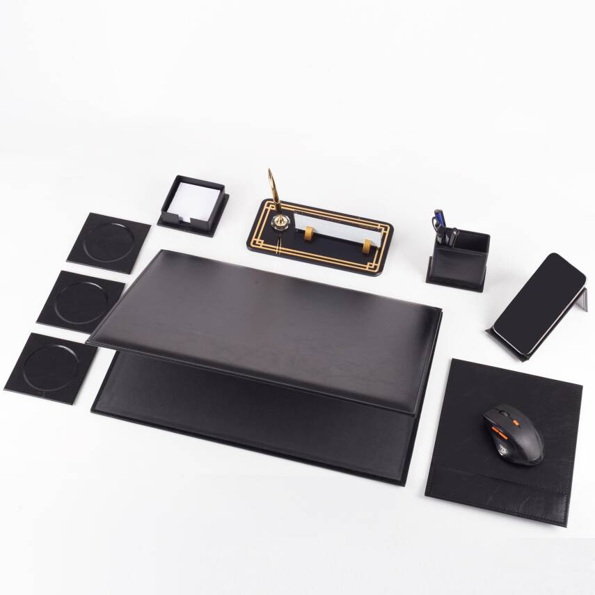 Focus Avukata Özel Siyah Deri Sümen Takımı ve Kristal Masa İsimliği Ofis Masa Sümen Seti ve İsimlik - 4