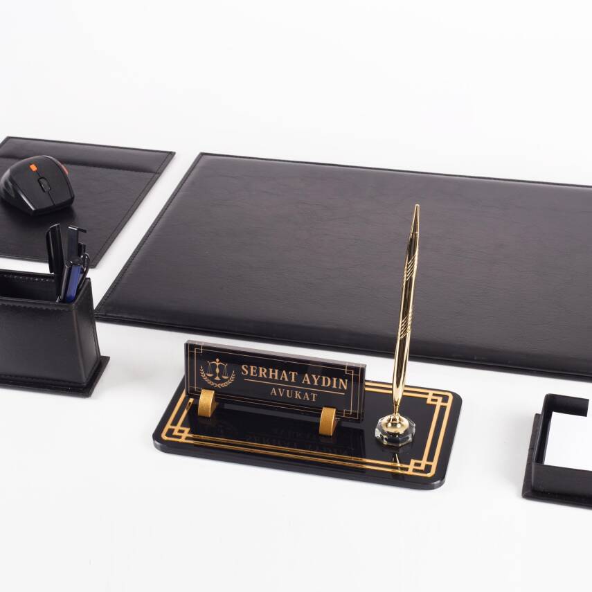 Focus Avukata Özel Siyah Deri Sümen Takımı ve Kristal Masa İsimliği Ofis Masa Sümen Seti ve İsimlik - 5