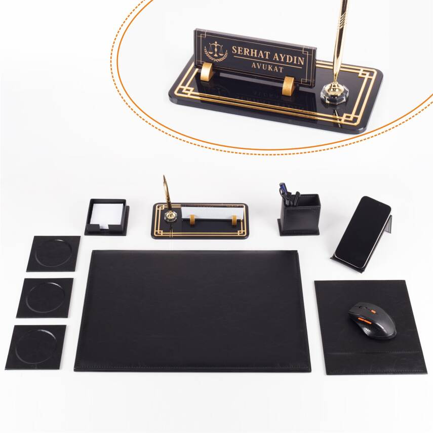 Focus Avukata Özel Siyah Deri Sümen Takımı ve Kristal Masa İsimliği Ofis Masa Sümen Seti ve İsimlik - 1