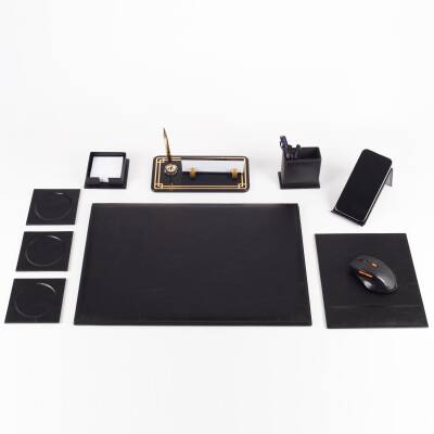 Focus Avukata Özel Siyah Deri Sümen Takımı ve Kristal Masa İsimliği Ofis Masa Sümen Seti ve İsimlik - 2