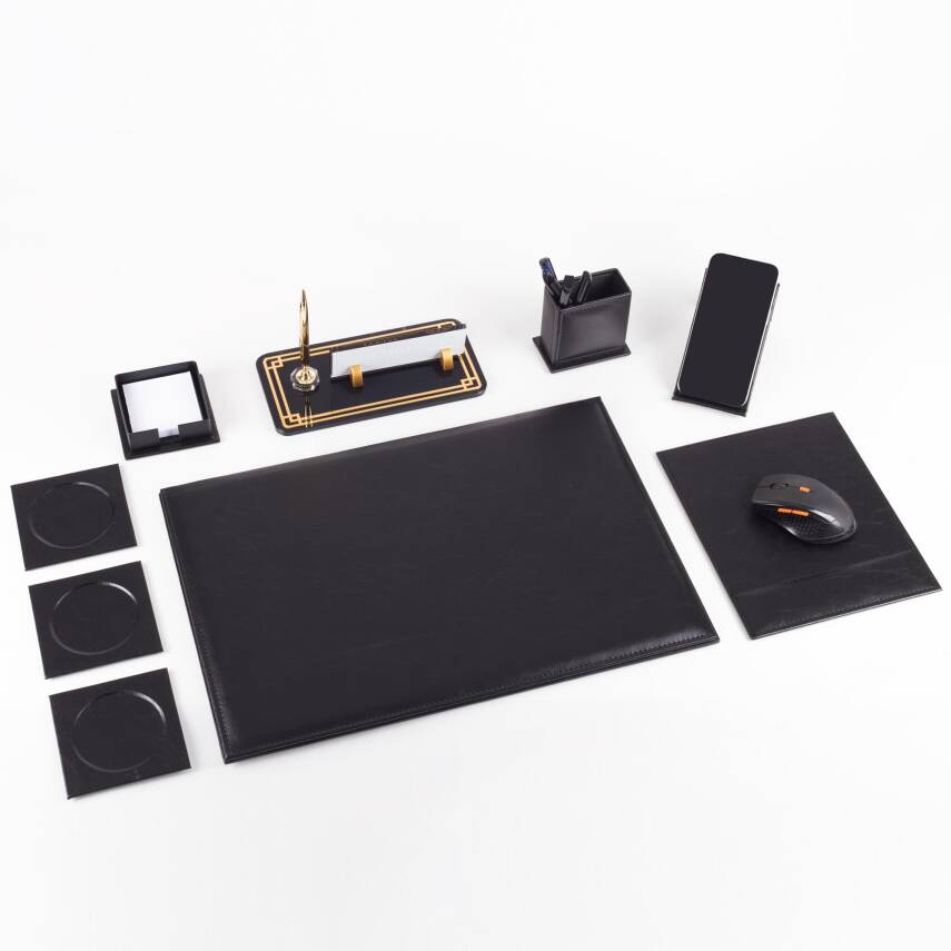 Focus Avukata Özel Siyah Deri Sümen Takımı ve Kristal Masa İsimliği Ofis Masa Sümen Seti ve İsimlik - 3