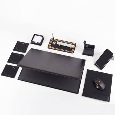 Focus Avukata Özel Siyah Deri Sümen Takımı ve Kristal Masa İsimliği Ofis Masa Sümen Seti ve İsimlik - 4